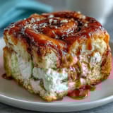A golden loaf of Caramel Cream Cheese Bread with a caramel stripe on top, sliced to reveal the rich cream cheese filling.