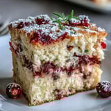 Sliced wedge of Cranberry Orange Breakfast Cake on a plate, revealing moist interior with vibrant cranberry pieces, ready for morning coffee.