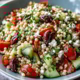 Large serving bowl filled with Mediterranean Pearl Couscous salad showing toasted couscous, diced veggies, olives, and feta, garnished with fresh parsley for a vibrant lunch.
