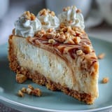 Nutter Butter cheesecake topped with whipped cream and chopped peanuts, served on a white plate with a slice missing.