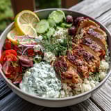 Colorful Greek Chicken Bowl with sliced chicken, tomatoes, cucumbers, olives, and fresh dill garnish on a rustic table.