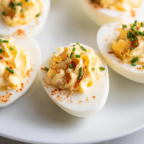 Creamy Deviled Eggs halved and piped high, garnished with paprika for a tangy bite on a rustic wooden board.