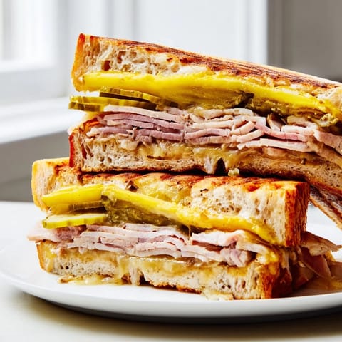 Perfectly grilled Cuban sandwich stacked with mustard, dill pickles, and pork, sliced to reveal melted Swiss.