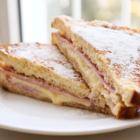 Golden brown Monte Cristo sandwich halves dusted with powdered sugar, showing melted Swiss and ham layers beside raspberry jam.
