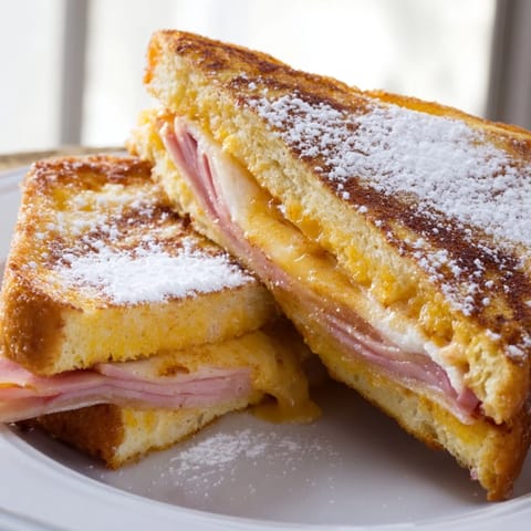 Pan-fried Monte Cristo sandwich on white bread with powdered sugar and jam, crispy edges and gooey cheese filling.