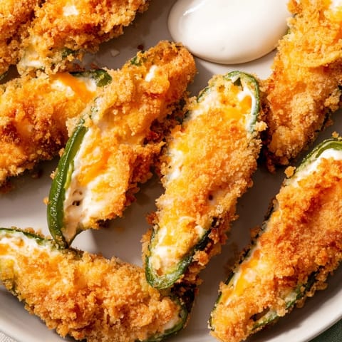Golden, crispy Jalapeño Poppers with melted cheese filling are arranged beside a creamy ranch dip.