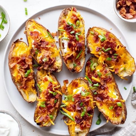 Crispy potato skins filled with bubbly cheddar and smoky bacon, garnished with scallions on a rustic platter.