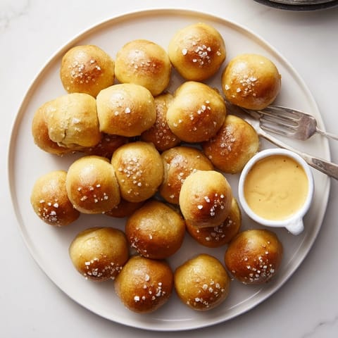 Homemade soft Pretzel Bites with Cheese Dip served warm, perfect for a party snack platter.