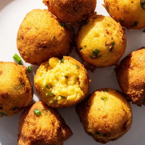 A close-up of golden-brown Hushpuppies, steam rising from the crunchy cornmeal crust and soft savory middle.