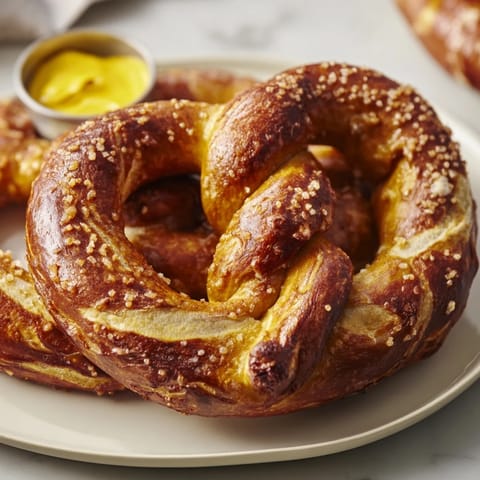 Warm, golden-brown Soft Pretzels sprinkled with coarse salt and served with spicy brown mustard for dipping.
