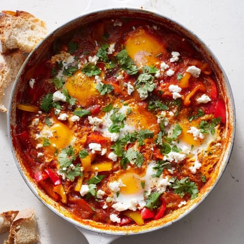 Sizzling Shakshuka in a cast iron skillet, featuring poached eggs, colorful bell peppers, and cilantro garnish for a vibrant brunch.