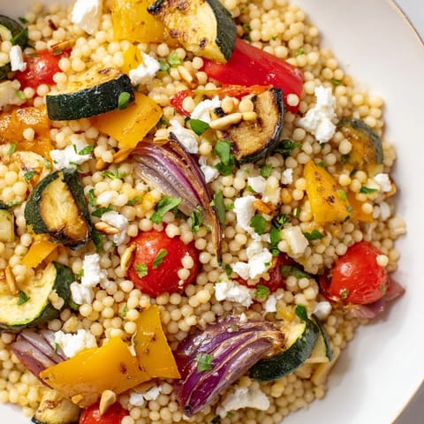 Roasted Veggie Couscous Salad served warm or room temperature, topped with crumbled feta and fresh parsley on a plate.