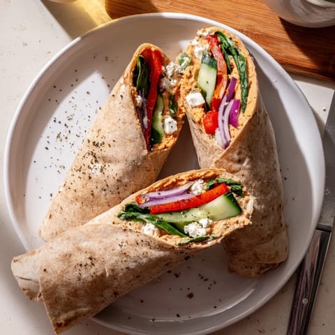 This diagonal-cut Mediterranean Veggie Wrap reveals layers of crisp spinach, smoky peppers, and tangy feta inside a soft tortilla.  