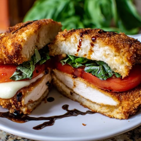 Golden-breaded chicken caprese sandwich with melted mozzarella, fresh basil, and ripe tomato on toasted ciabatta.