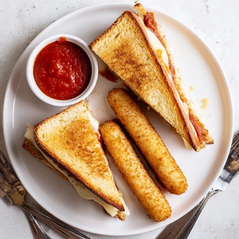 Golden-brown slices of sourdough bread are filled with melty mozzarella slices and crispy mozzarella sticks, served with marinara.  
