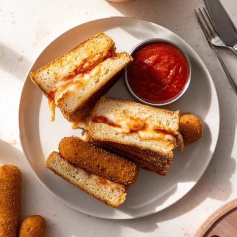 A close-up view shows the gooey, stringy cheese pull inside this decadent Mozzarella Stick Grilled Cheese.  