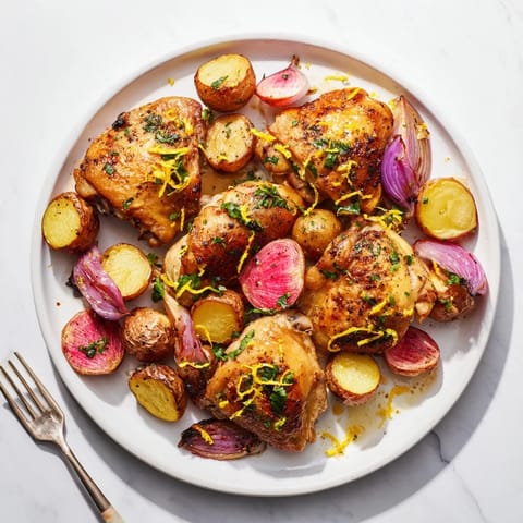Juicy chicken thighs and caramelized vegetables on a sheet pan, drizzled with lemon for an easy weeknight meal.