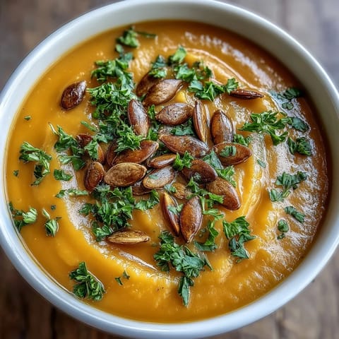 Delicious butternut squash and apple soup drizzled with cream, ready to serve.