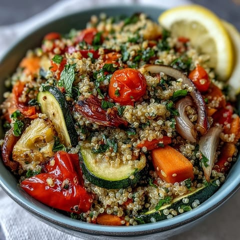 Vibrant Quinoa Vegetable Pilaf, fluffy with roasted colorful vegetables and fresh herbs.