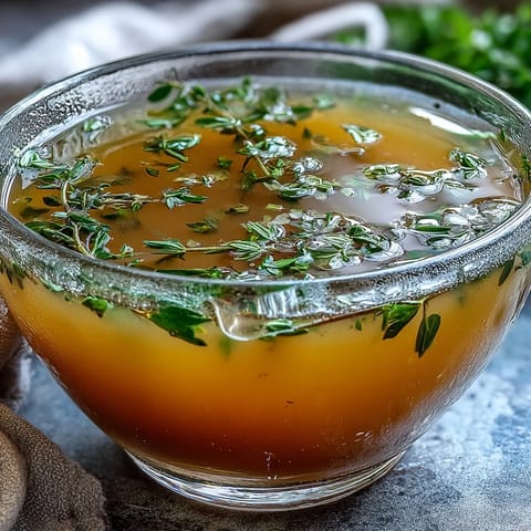 Steaming pot of vegetable broth from scraps, infused with herbs.