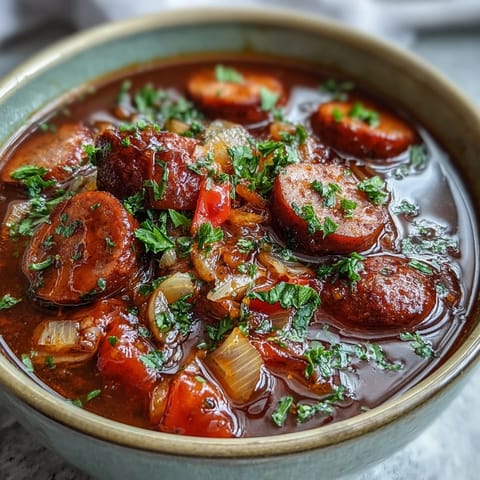 Smoky Crock Pot BBQ Cocktail Sausage Soup served in a rustic bowl, garnished with parsley and paired with crusty bread. 