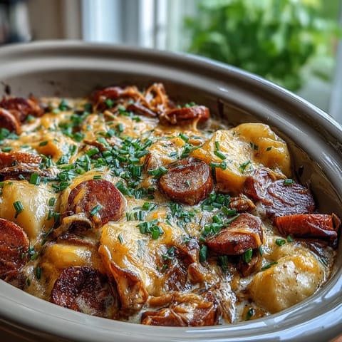 Golden Crockpot Pierogi Casserole With Kielbasa served on plates alongside a crisp garden salad for a balanced meal.