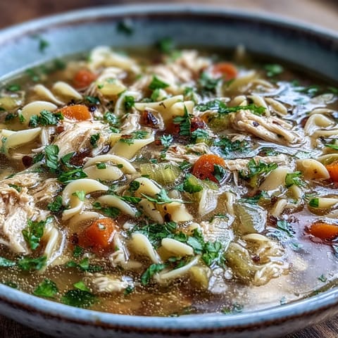 A bowl of Instant Pot Chicken Noodle Soup with tender shredded chicken, carrots, and egg noodles in a savory broth.