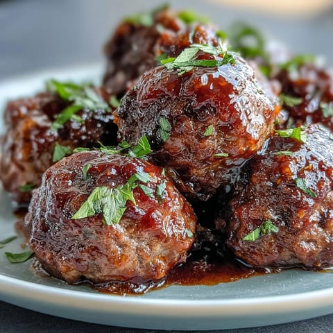 Tender Slow Cooker Peach Glazed Meatballs in a rich orange glaze, served in a white bowl over steamed rice for dinner.