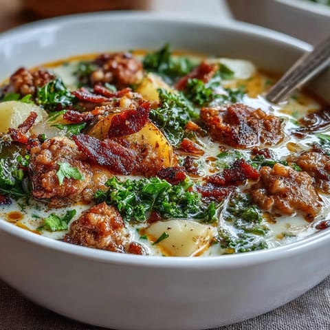 Creamy Italian Sausage Soup with kale and tender potatoes served steaming in a rustic bowl. 