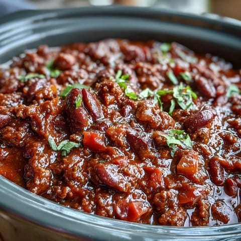 Colorful Slow Cooker Chili in a rustic bowl, loaded with beef, beans, and peppers for a cozy meal.