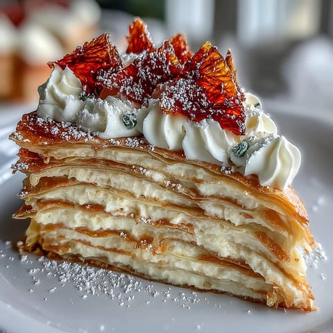A slice of Blood Orange Curd Crêpe Cake reveals paper-thin layers and creamy whipped filling, garnished with fresh orange slices and zest.