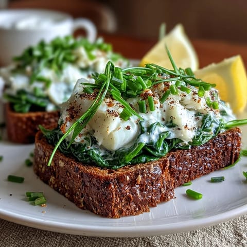 Golden smoked haddock and spinach rye toasts topped with crème fraîche and fresh chives for a savory breakfast.