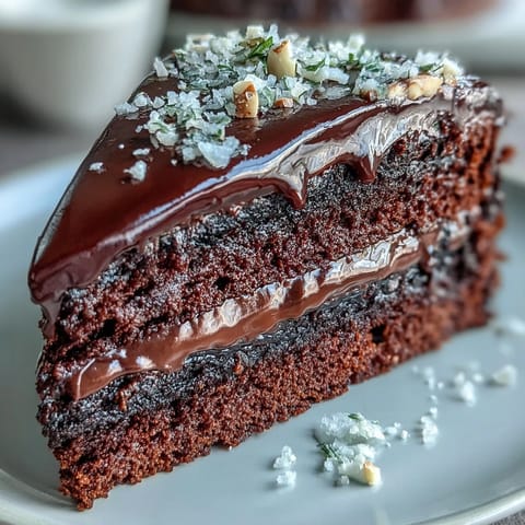 A slice of moist Chocolate Celebration Cake showcases rich ganache layers and crunchy hazelnut praline topping.