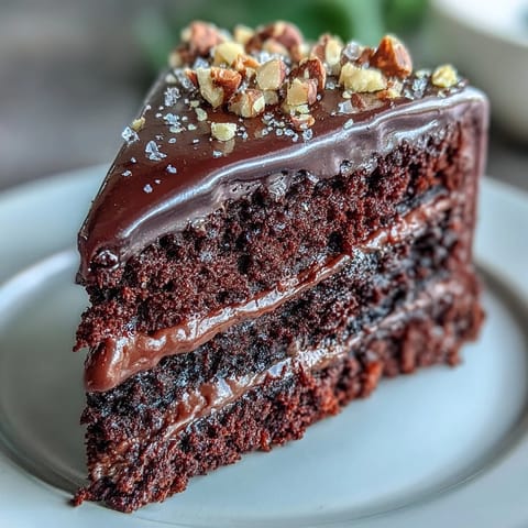 A whole Chocolate Celebration Cake gleams with dark ganache, topped with jagged hazelnut praline shards.