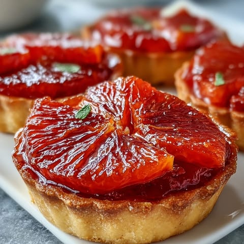 Freshly baked Blood Orange Tarts sit on a wire rack, filled with smooth vanilla custard and glossy, jewel-toned orange slices. 