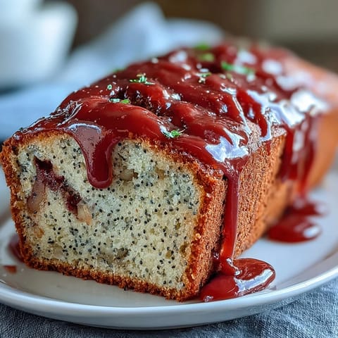 Freshly baked Blood Orange Loaf Cake with ruby-red glaze dripping over the crust.