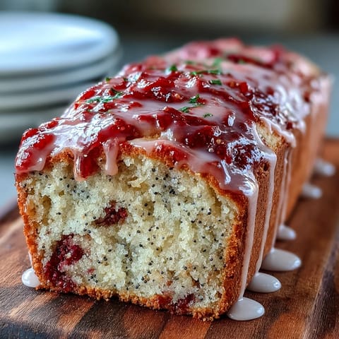 A slice of Blood Orange Loaf Cake reveals poppy seeds and marzipan crumb.