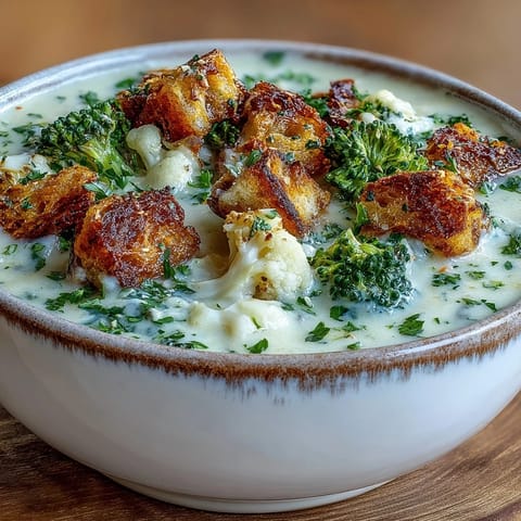 A bowl of Cauliflower and Broccoli Soup garnished with crunchy garlic croutons, served alongside crusty bread.
