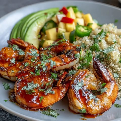Colorful Shrimp and Avocado Bowls topped with fresh mango salsa and a drizzle of spicy lime chili sauce on fluffy quinoa.
