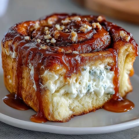 Freshly baked Caramel Cream Cheese Bread on a white plate shows a moist slice with a creamy cheesecake swirl and golden caramel drizzle.