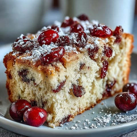 Freshly baked Cranberry Orange Breakfast Cake with a tender crumb, visible orange zest, and tart cranberries, dusted with powdered sugar.