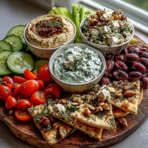 A vibrant Mediterranean Brunch Board with creamy dips, feta, olives, and warm flatbreads arranged for sharing.