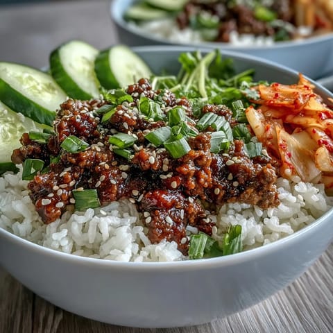 A close-up of a Korean Beef Bowl topped with kimchi and pickled vegetables, showcasing flavorful gochujang beef over fluffy rice.
