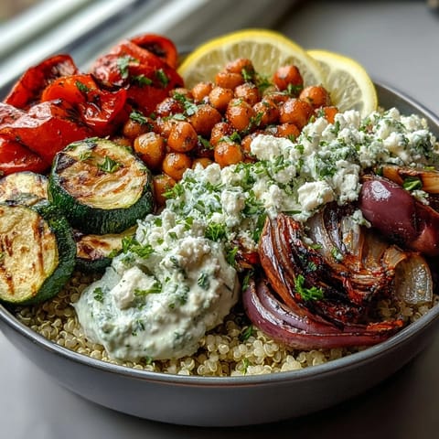 A freshly prepared Mediterranean Buddha Bowl garnished with parsley and lemon wedges, featuring chickpeas, creamy Greek yogurt, and roasted veggies.