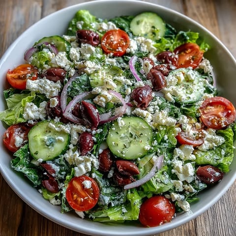 Freshly tossed Greek Salad Bowl with crisp romaine, juicy tomatoes, and creamy crumbled feta cheese.