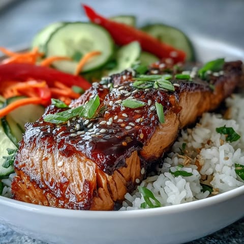 A vibrant Asian-Inspired Salmon Bowl with glazed fillet, fluffy rice, and colorful julienned veggies.