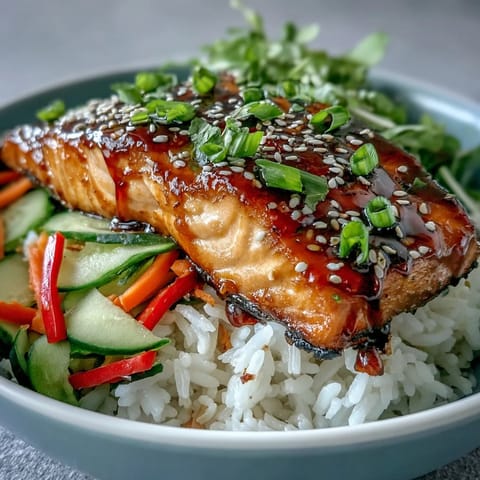 Soy-ginger glazed salmon sits atop steamed rice with edamame and sesame seeds in the Asian-Inspired Salmon Bowl.