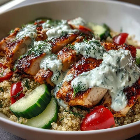 Sliced lemon-herb chicken rests on fluffy quinoa with cucumbers, cherry tomatoes, and a dollop of creamy tzatziki in the Greek Chicken Power Bowl.