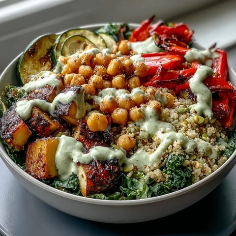 Colorful roasted zucchini and sweet peppers top chickpeas and fluffy bulgur, drizzled with lemony tahini dressing for a vibrant Mediterranean Buddha Bowl Meal Prep.