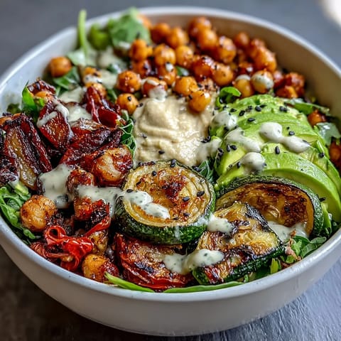 This nourishing plant-based bowl features chickpeas, olives, hummus, and fresh greens for a satisfying Mediterranean meal.  